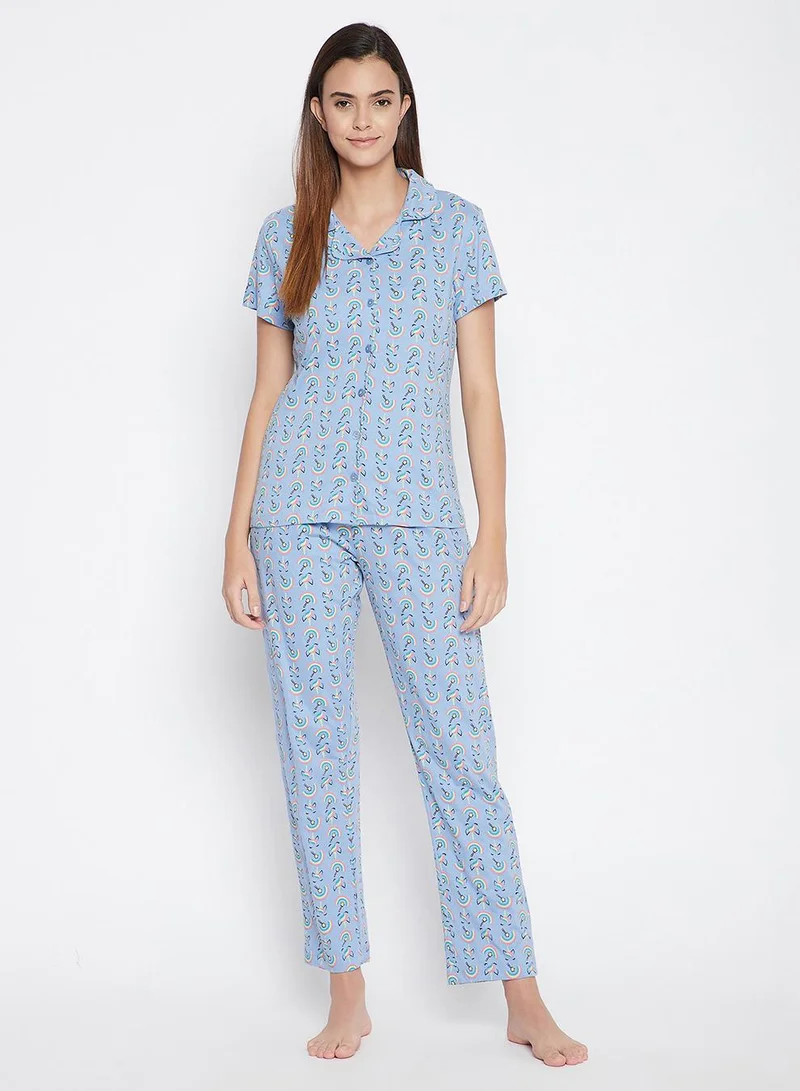 كلوفيا Floral Print Button Down Shirt & Pyjama Set in Lilac Colour - 100% Cotton